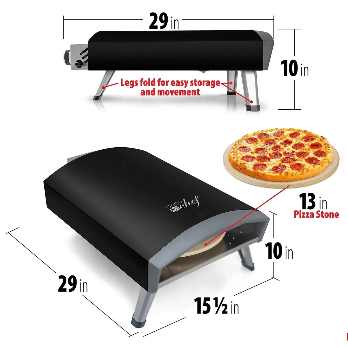 Nouveauté 2026 – Four à pizza à gaz d'extérieur Deco Chef , modèle pliable et portable, pierre de cuisson auto-rotative facile à utiliser, noir