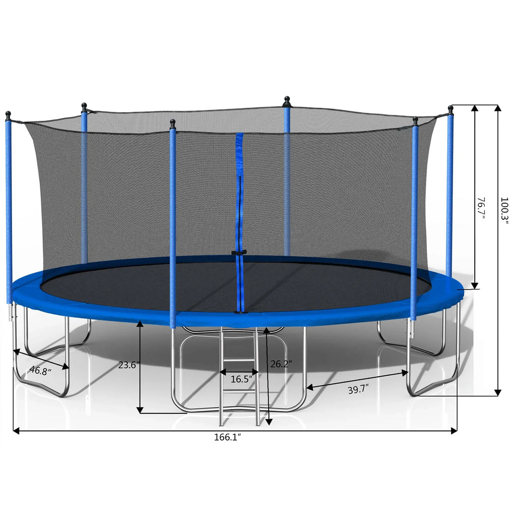 Nouveauté 2026 – Trampoline d'extérieur 4,27 m (14 pi) neuf de avec filet de sécurité, structure tubulaire en acier, échelle et filet de protection - Modèle robuste, bleu