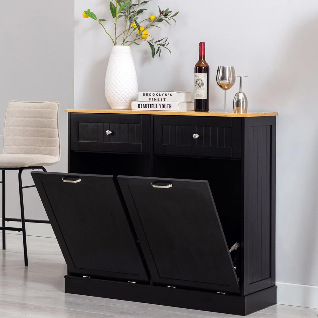 Nouveauté 2026 – Armoire à poubelles double basculante Hlivelood , 75 litres, résistante aux animaux, avec panier à linge et planche à découper, et tiroirs de rangement escamotables pour le tri des déchets en bois