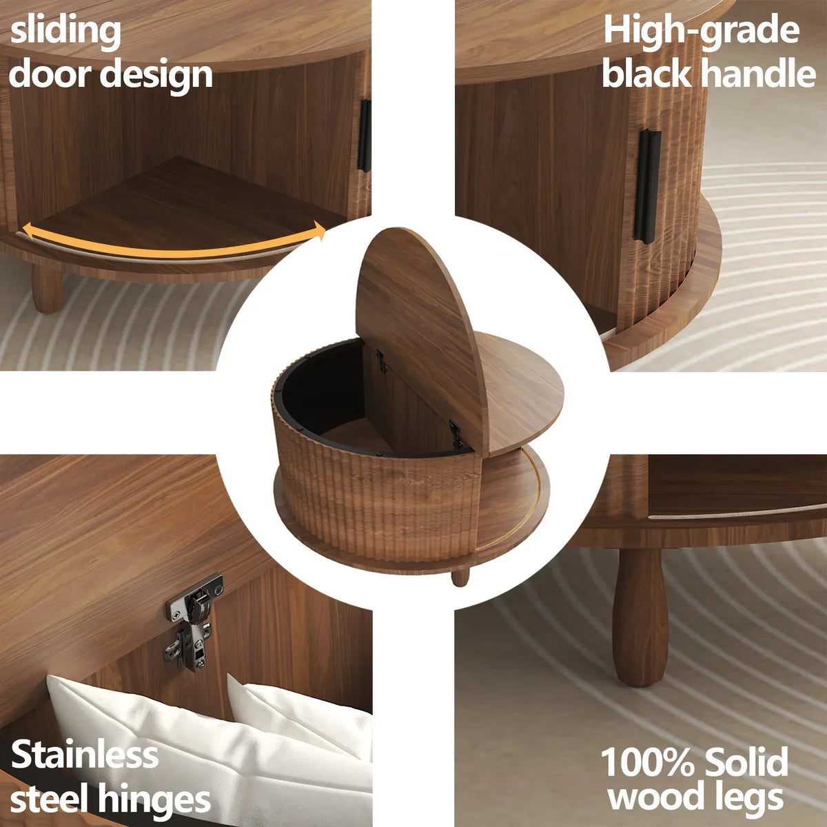 Nouveauté 2026 – Table basse ronde RUMLIVE avec rangement, table basse moderne de 78 cm avec porte coulissante incurvée à 360°, table basse en bois cannelé avec patins, table centrale ronde pour salon, noire