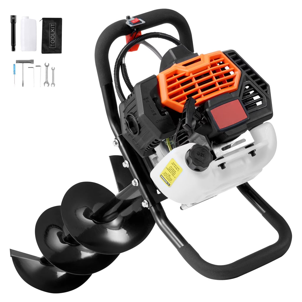 Nouveauté 2026 – Tarière à essence KFFKFF , 52 cm³, 1450 W, avec foret de 20 cm et rallonge, idéale pour le jardinage, les travaux agricoles et la pose de clôtures, orange et noir