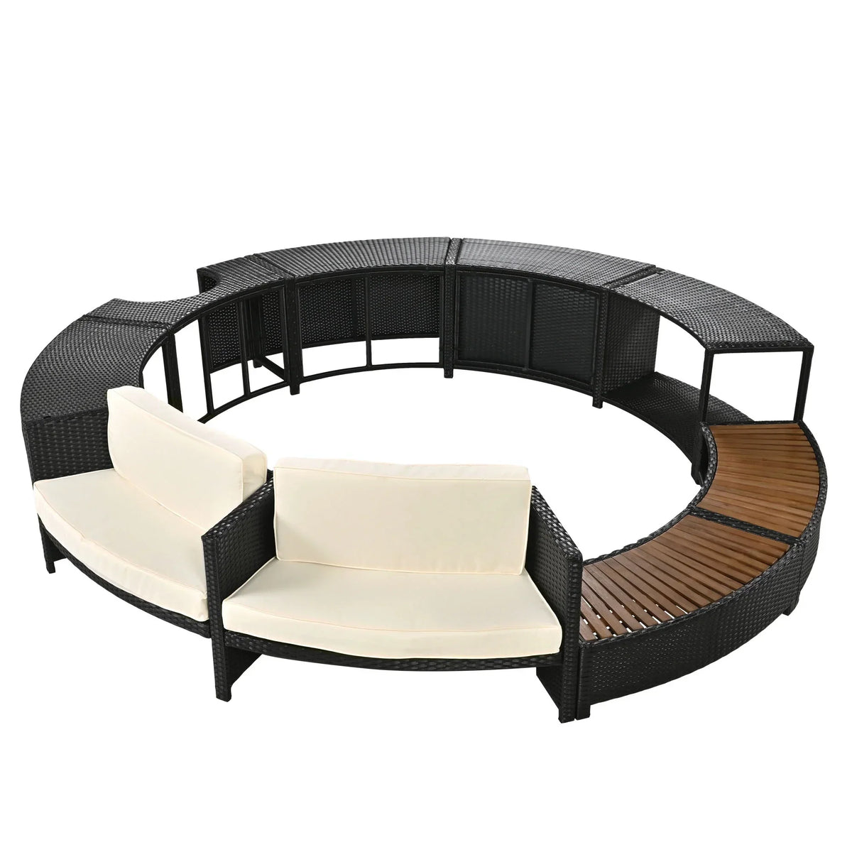 Nouveauté 2026 – Ensemble de mobilier de jardin Round pour spa , canapé d'angle en rotin avec mini-canapé, rangement pour spa en bois d'acacia massif, coussins gris