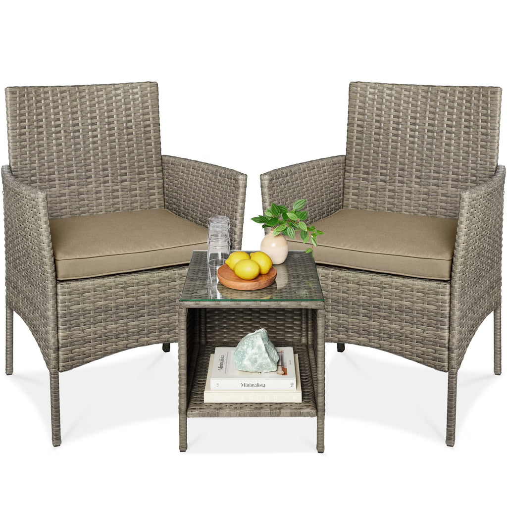 Nouveauté 2026 – Ensemble bistro de jardin 3 pièces en résine tressée Best Choice Products , avec 2 chaises et une table - Gris/Bleu marine