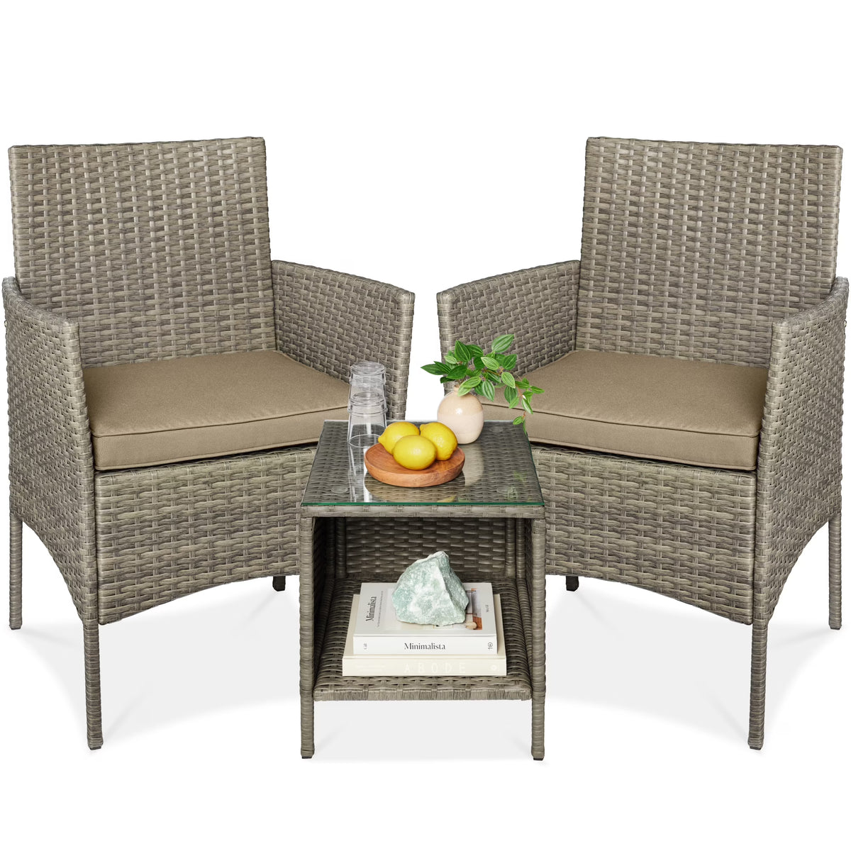 Nouveauté 2026 – Ensemble bistro de jardin 3 pièces en résine tressée Best Choice Products , avec 2 chaises et une table - Gris/Bleu marine