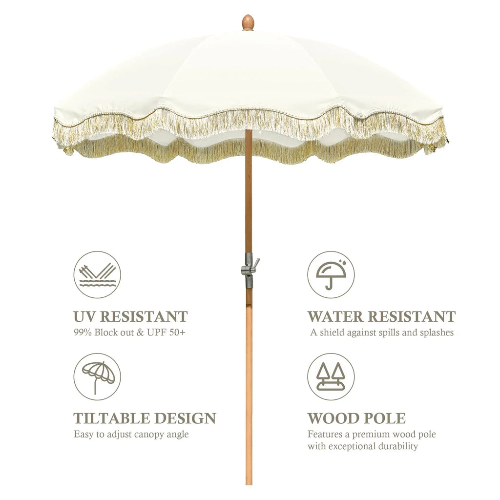 Nouveauté 2026 – Parasol de terrasse LAGarden de 1,8 m à franges et pompon, style Jazz Age, en bois, protection UPF50+, beige avec pompon doré, modèle : JZ6-01