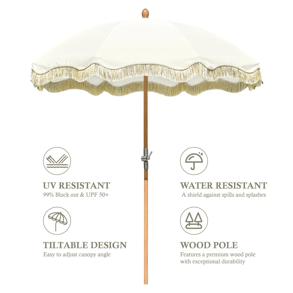 Nouveauté 2026 – Parasol de terrasse LAGarden de 1,8 m à franges et pompon, style Jazz Age, en bois, protection UPF50+, beige avec pompon doré, modèle : JZ6-01