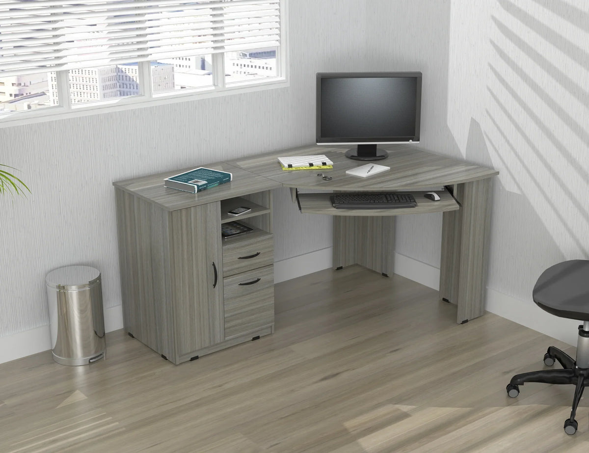 Nouveauté 2026 – Bureau d'angle moderne Inval avec 2 tiroirs et un placard, chêne blanchi