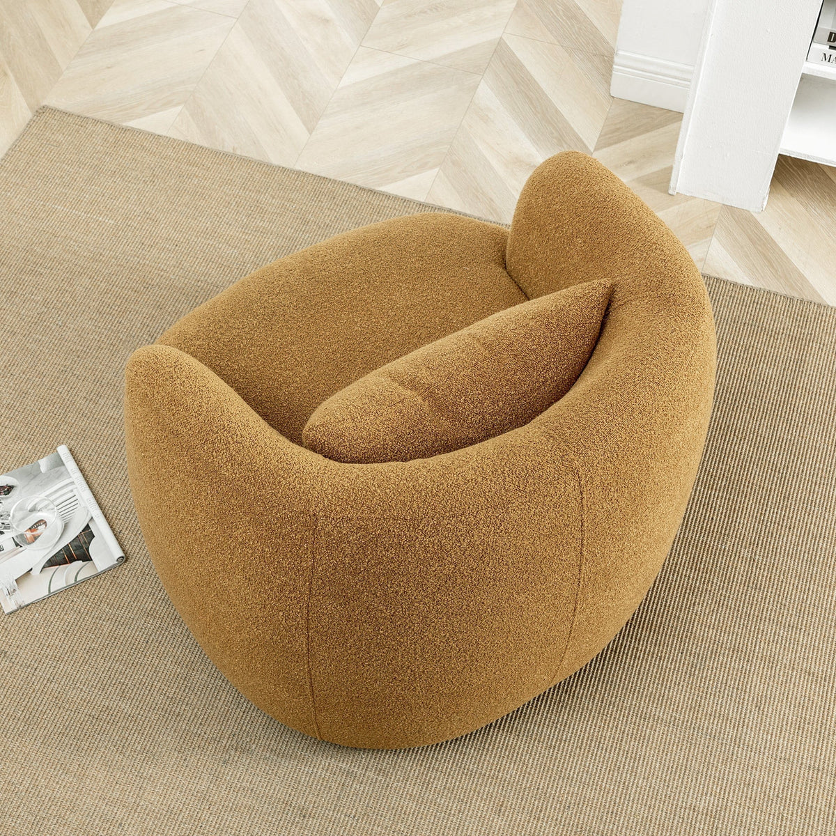 Nouveauté 2026 – Fauteuil pivotant rond 34" en bouclette de 86 cm de large, sans assemblage, avec coussin décoratif, idéal pour le salon et la chambre, couleur taupe