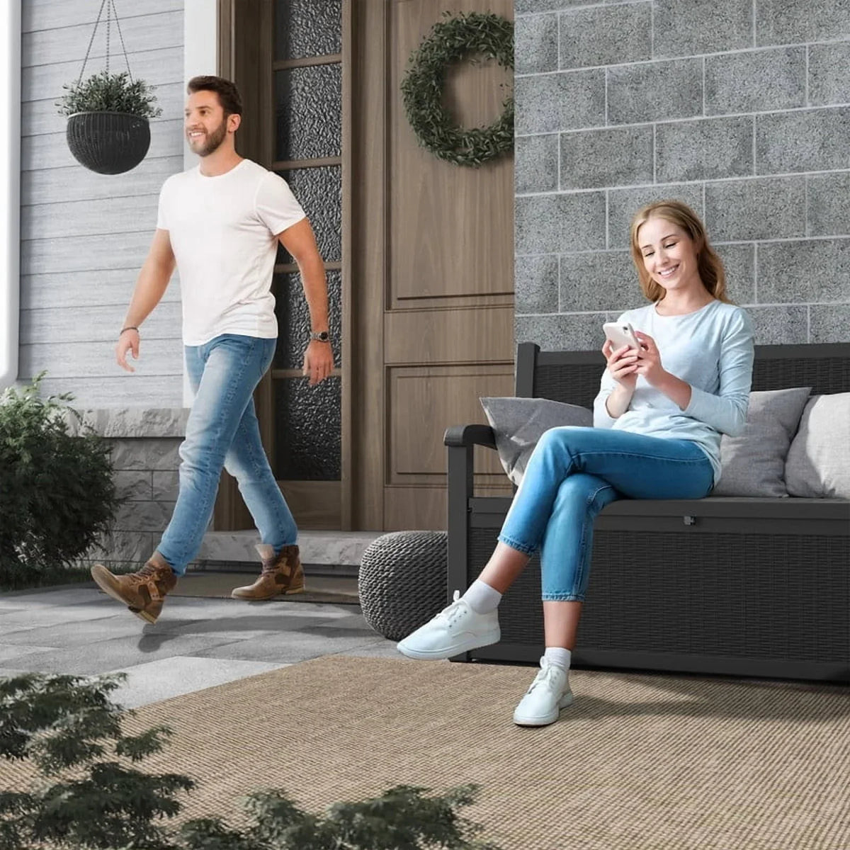 Nouveauté 2026 – Coffre de rangement Bifanuo de 70 gallons avec banc et accoudoirs, résistant à l'eau, idéal pour le mobilier de patio, les outils de jardin, le rangement de piscine et les coussins d'extérieur. Couleur : gris