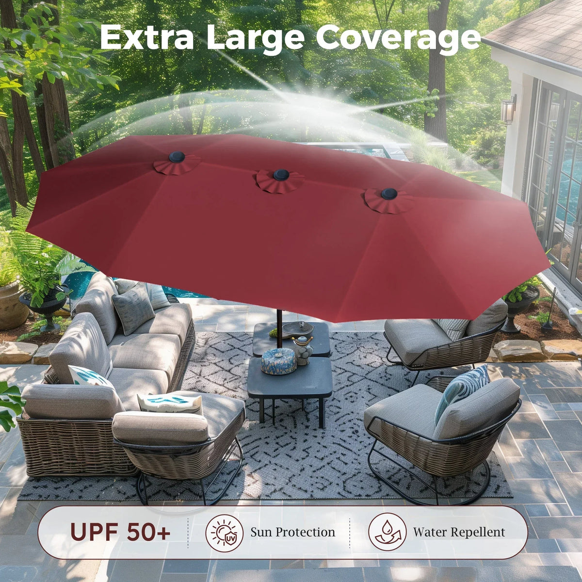 Nouveauté 2026 – Parasol de jardin extra-large Alpha Joy 4,57 m (15 pi) à double face avec manivelle et base - Gris fumé
