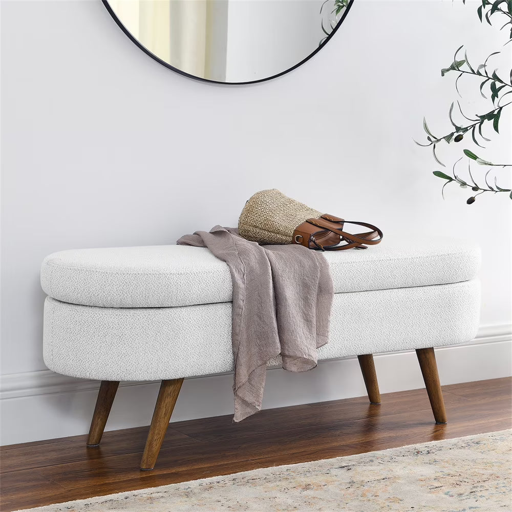 Nouveauté 2026 – Nouveau banc ottoman de rangement ovale de 110 cm (43,5 po) avec pieds en bois massif, revêtement en lin, charnière de sécurité, idéal pour l'entrée ou comme banc d'intérieur au pied du lit, à côté d'un canapé ou dans une entrée