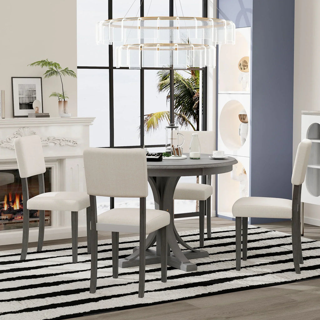Nouveauté 2026 – Ensemble de salle à manger rond rétro 5 pièces avec 4 chaises rembourrées, table en bois avec pieds incurvés de style tréteau