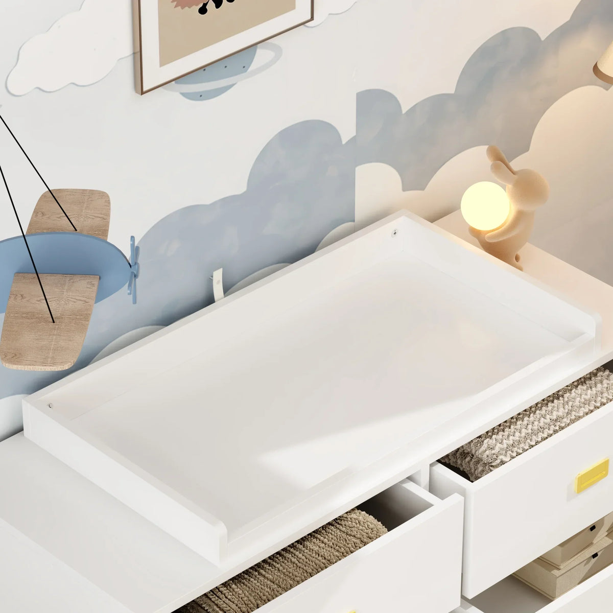 Nouveauté 2026 – Table à langer/commode pour chambre de bébé OXYLIFE , 114 cm (45 po), avec 4 tiroirs et une étagère, blanche