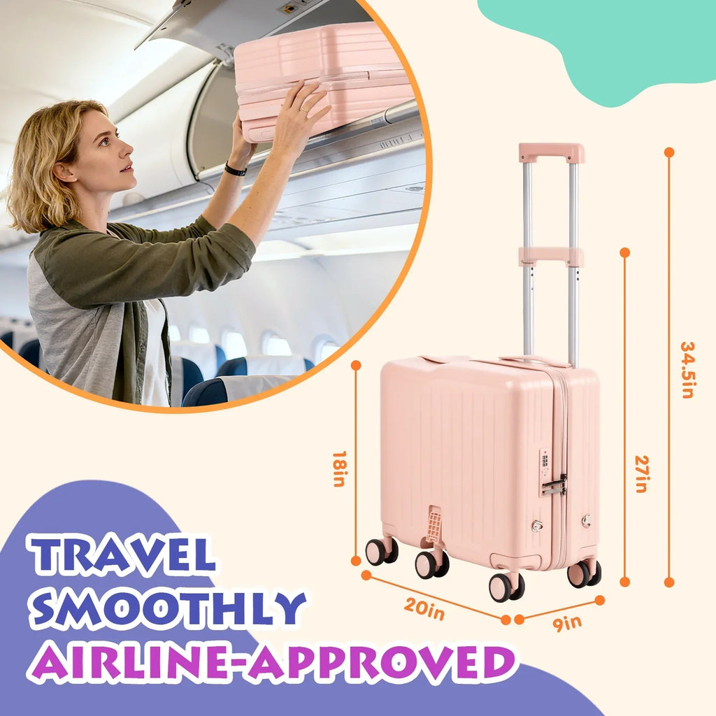 Nouveauté 2026 – Valise à roulettes Advwin pour enfants, avec sangle de traction, repose-pieds, porte-gobelet, 6 roues et poignée réglable, valise pivotante de 45,7 cm (18 pouces) avec autocollants et carte d'embarquement, rose