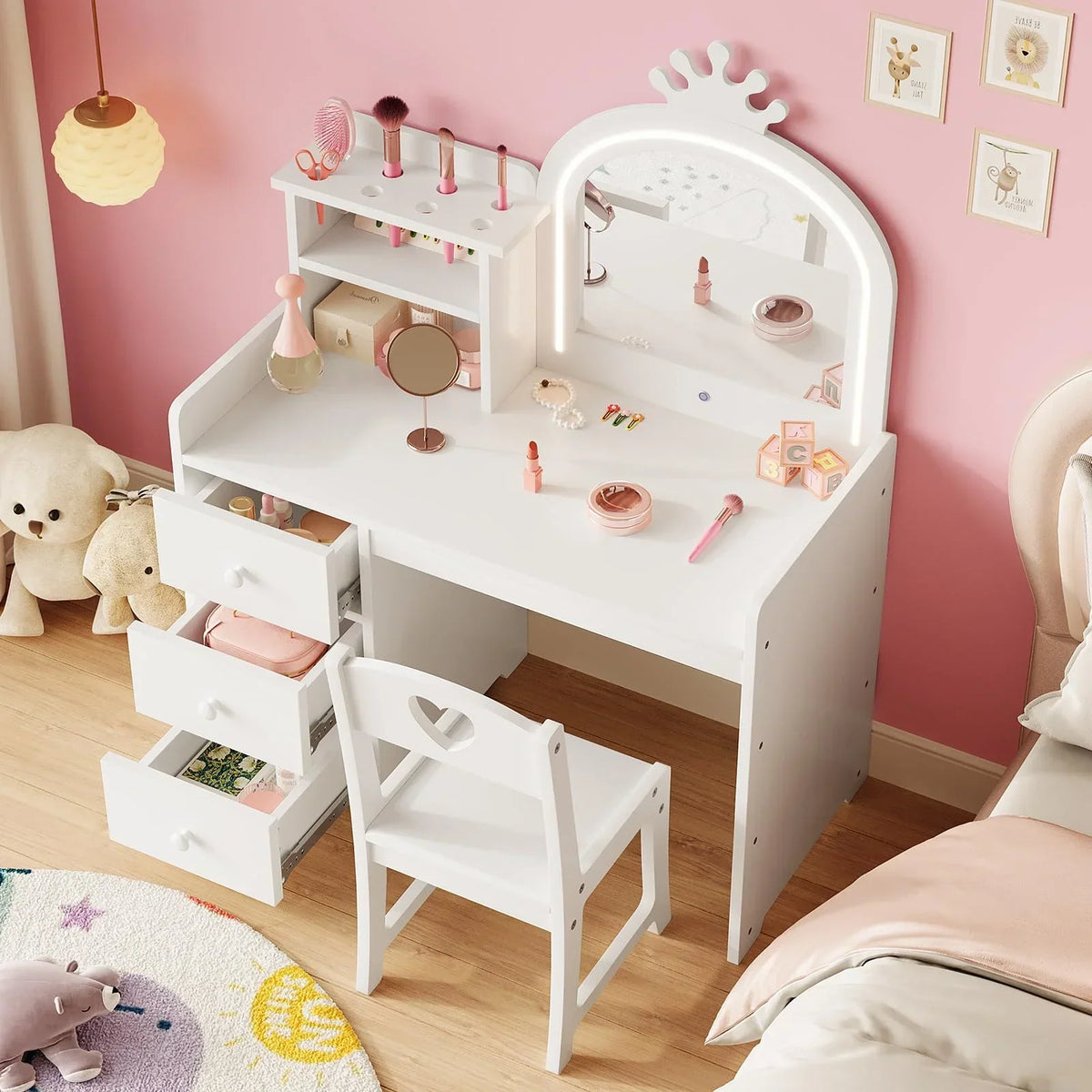 Nouveauté 2026 – Ensemble coiffeuse Yeshouse Princess pour filles avec rangement et éclairage