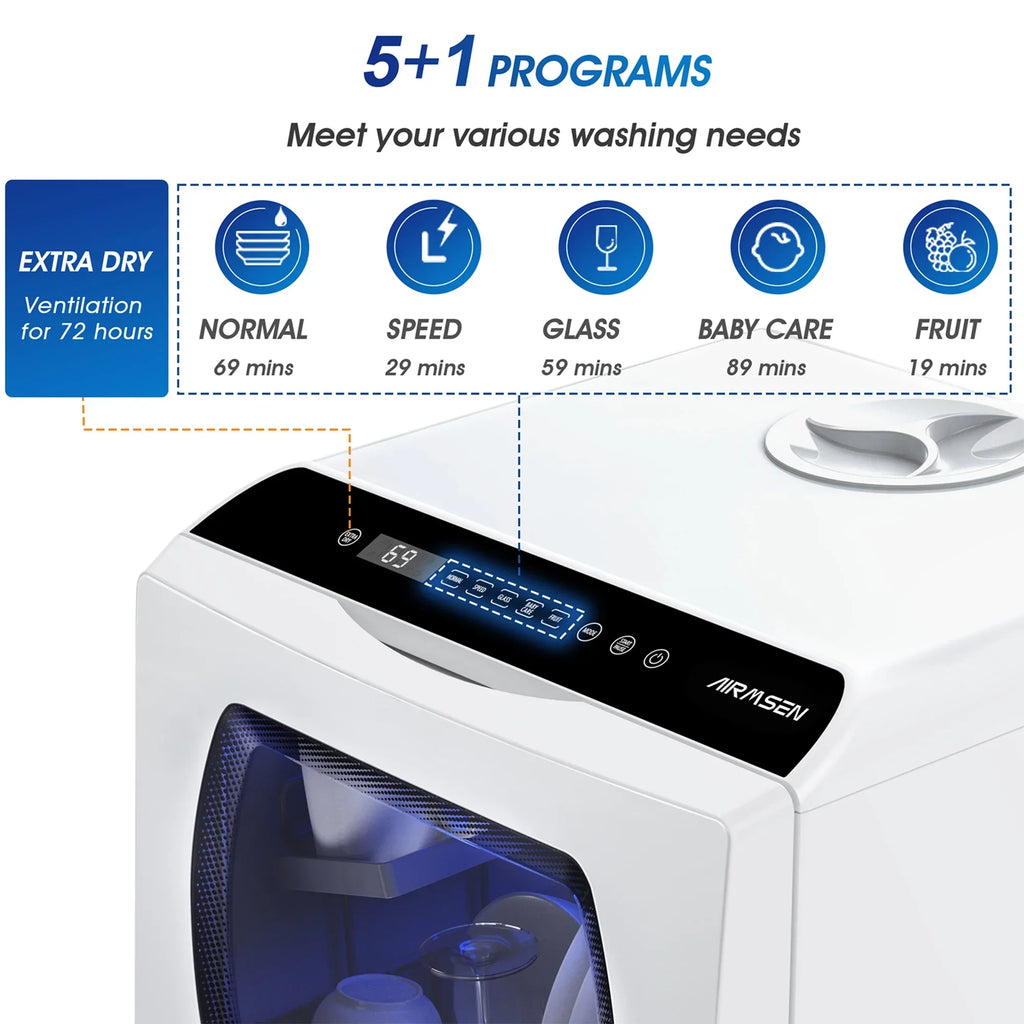 Nouveauté 2026 – Lave-vaisselle portable de comptoir AIRMSEN avec réservoir d'eau intégré de 5 litres et fonction de séchage à l'air, 5 programmes de lavage, mini lave-vaisselle, AE-TDQR03