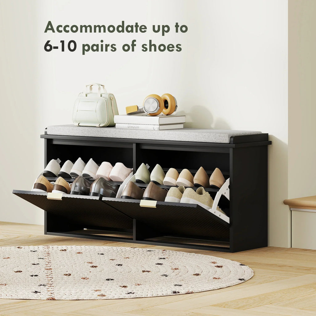 Nouveauté 2026 – Banc à chaussures HOMCOM avec assise rembourrée et tiroir rabattable, supportant jusqu'à 240 kg, 104 x 26 x 48 cm, noir