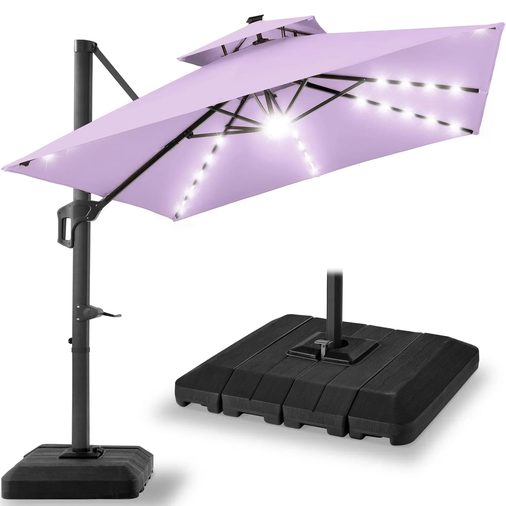 Nouveauté 2026 – Parasol de terrasse carré déporté à deux niveaux, 3 x 3 m, à éclairage solaire LED, avec base incluse (Best Choice Products, ) - Beige