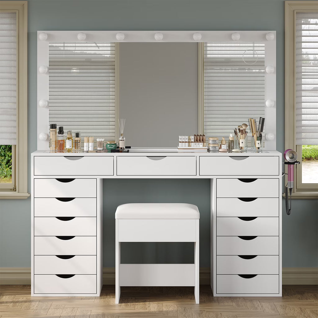 Nouveauté 2026 – Coiffeuse Yanosaku à 15 tiroirs avec prise électrique, miroir et 13 lumières LED, 3 modes d'éclairage de couleur, luminosité réglable, plateau en verre, ensemble coiffeuse pour chambre à coucher
