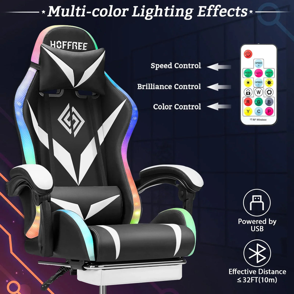 Nouveauté 2026 – Fauteuil de jeu Hoffree avec haut-parleurs intégrés, en cuir PU, repose-pieds et éclairage LED. Fauteuil ergonomique pour gamer avec massage, soutien lombaire et appui-tête pivotant et réglable. Idéal pour le télétravail et le bureau