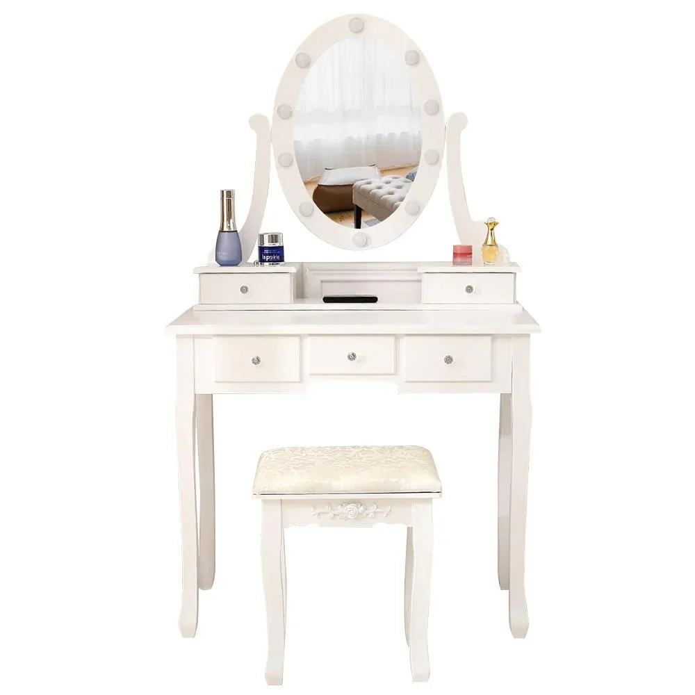 Nouveauté 2026 – Coiffeuse Ktaxon avec 10 lumières LED, 5 tiroirs et tabouret rembourré, ensemble de coiffeuse blanc pour chambre à coucher