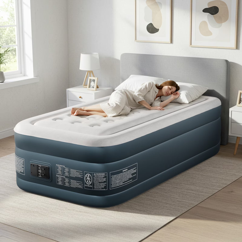Nouveauté 2026 – Matelas gonflable Zimtown , 45,7 cm (18 po), deux chambres, surélevé, avec pompe intégrée, portable, pour le camping en extérieur et en intérieur, gris et blanc