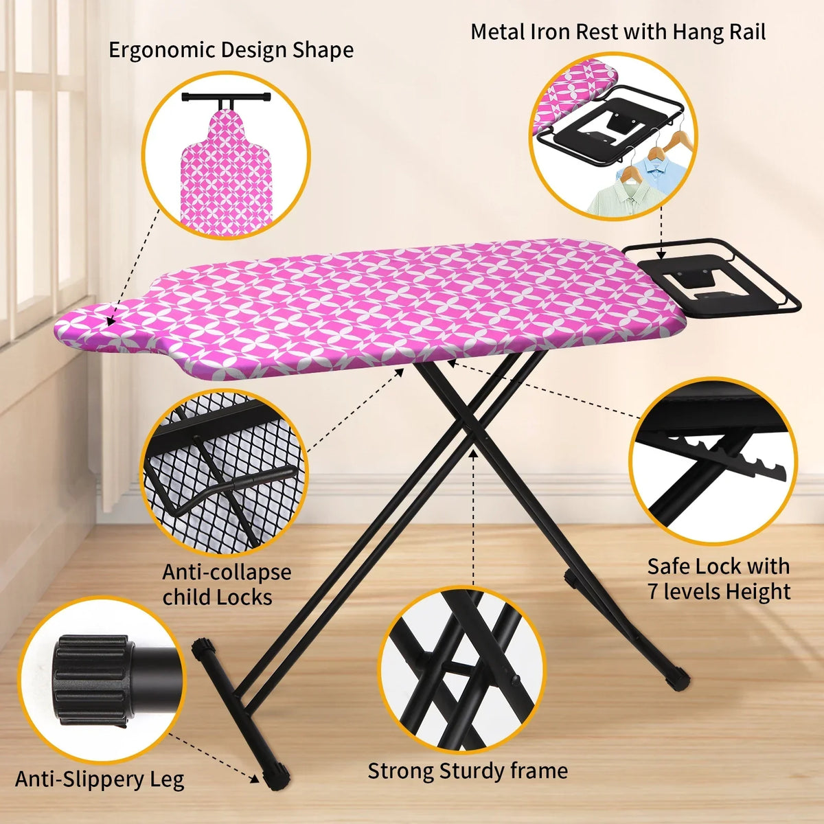 Nouveauté 2026 – Planche à repasser extra large KDJ HOME Slieton avec barre de suspension, 51 cm de large (20 pouces