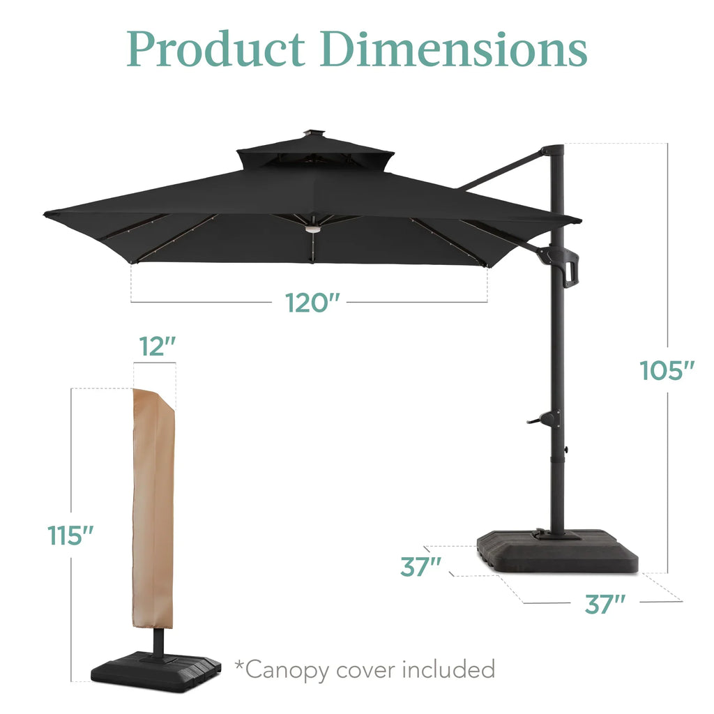 Nouveauté 2026 – Parasol de terrasse carré déporté à deux niveaux, 3 x 3 m, à éclairage solaire LED, avec base incluse (Best Choice Products, ) - Beige