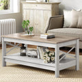 Nouveauté 2026 – Table basse Moasis Farmhouse avec rangement, table centrale à 2 niveaux pour salon, plateau gris délavé et blanc