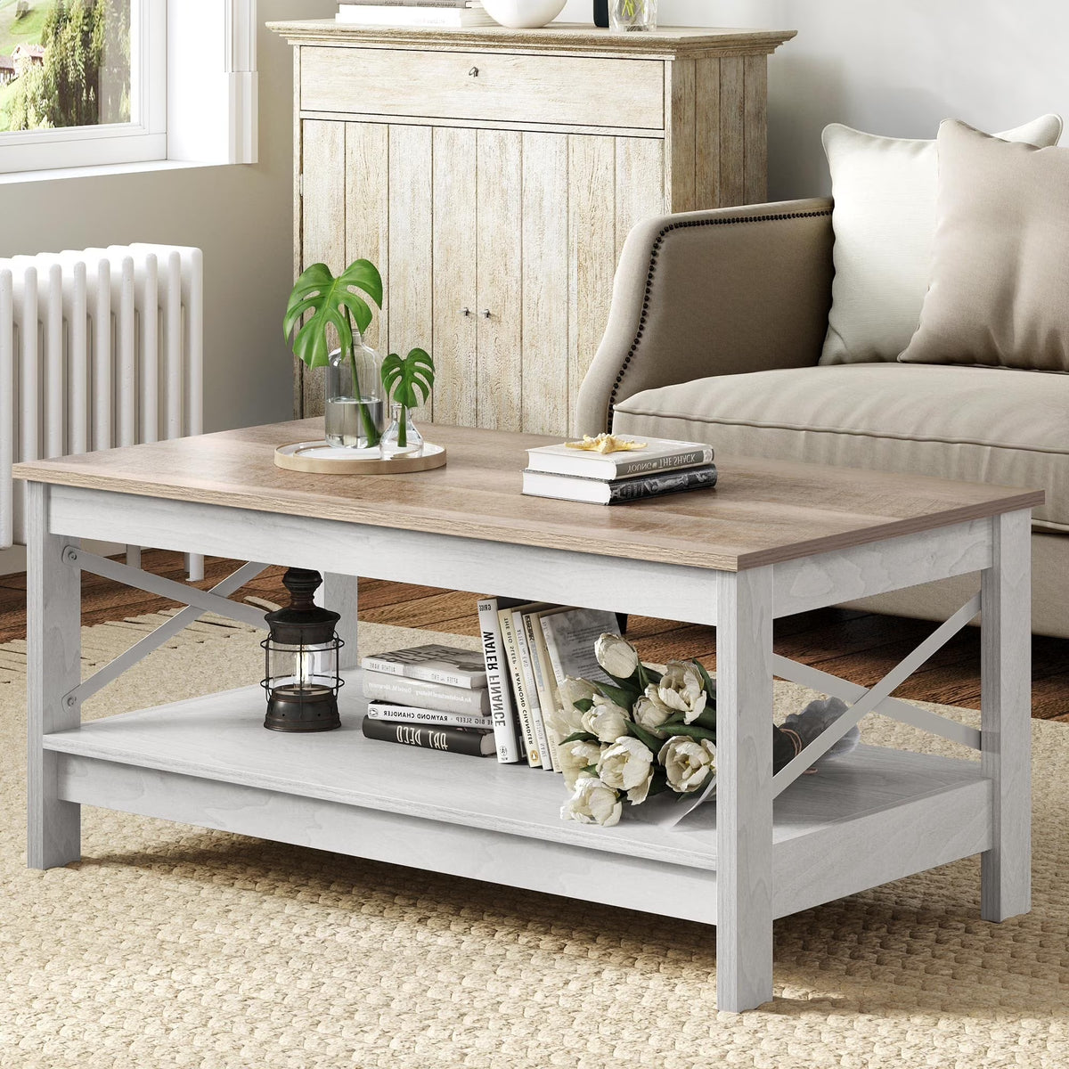 Nouveauté 2026 – Table basse Moasis Farmhouse avec rangement, table centrale à 2 niveaux pour salon, plateau gris délavé et blanc