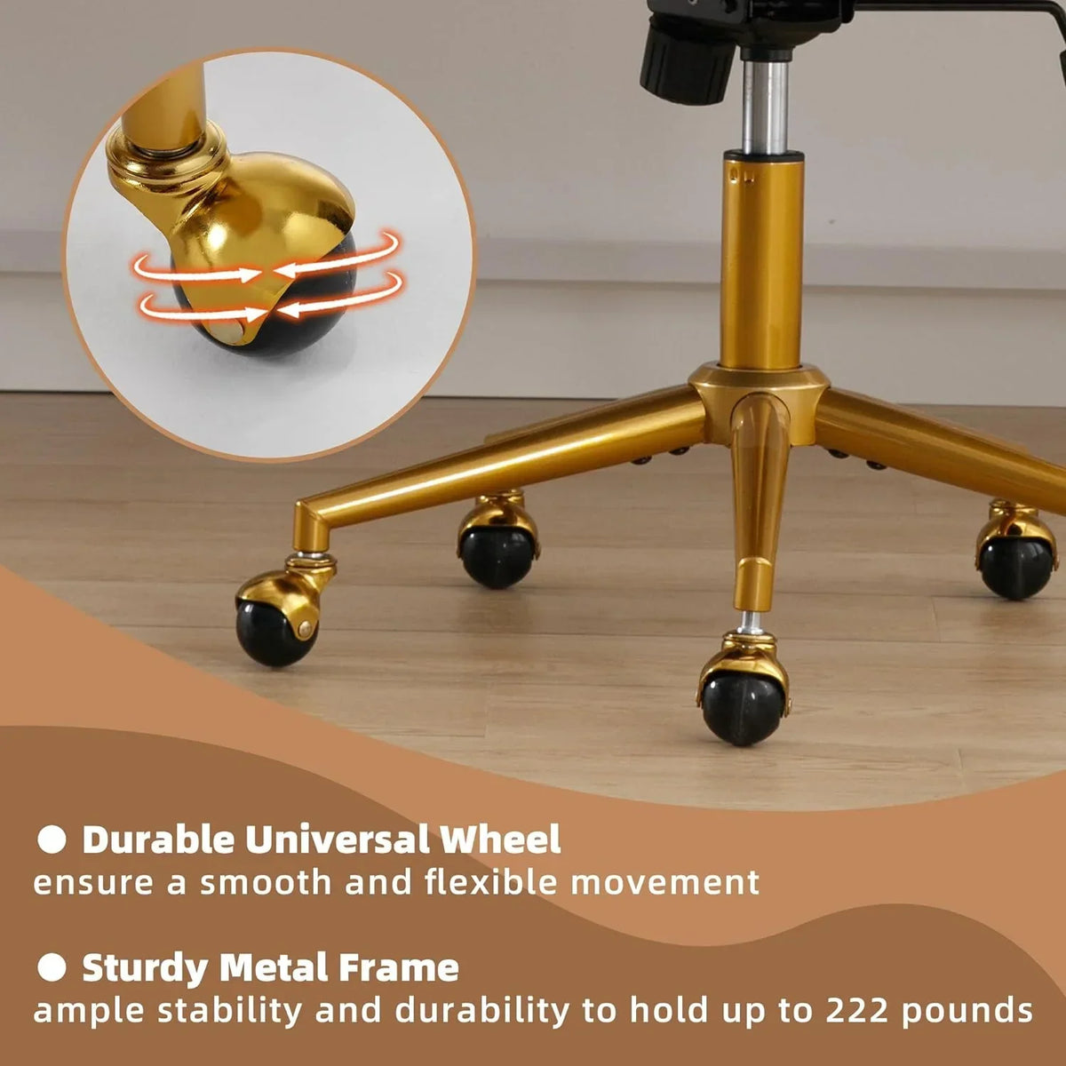 Nouveauté 2026 – Chaise de bureau Westice , chaise de travail en velours, chaise pivotante réglable en hauteur avec base dorée, idéale pour coiffeuse, bureau, salon ou salle informatique, beige