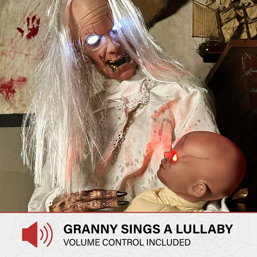 Nouveauté 2026 – Décoration d'Halloween Tekky Haunted Hill Farm : Mamie Gravely animatronique de 88 cm (2,9 pi) avec sons activés par le mouvement, HHGRVLYGRNY-1FLSA