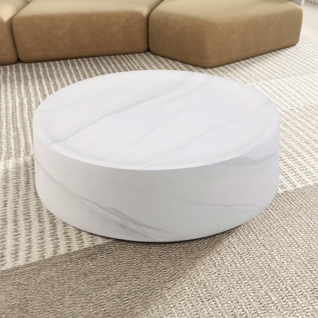 Nouveauté 2026 – Table basse ronde 31,49'' avec texture marbre, table basse circulaire moderne en fibre de verre, table d'appoint pour salon ou extérieur, livrée montée, finition marbre