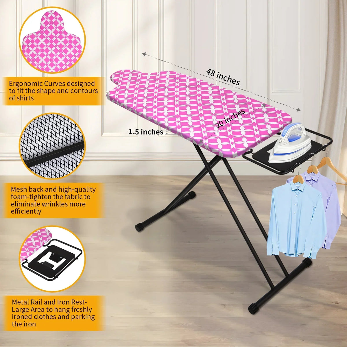 Nouveauté 2026 – Planche à repasser extra large KDJ HOME Slieton avec barre de suspension, 51 cm de large (20 pouces