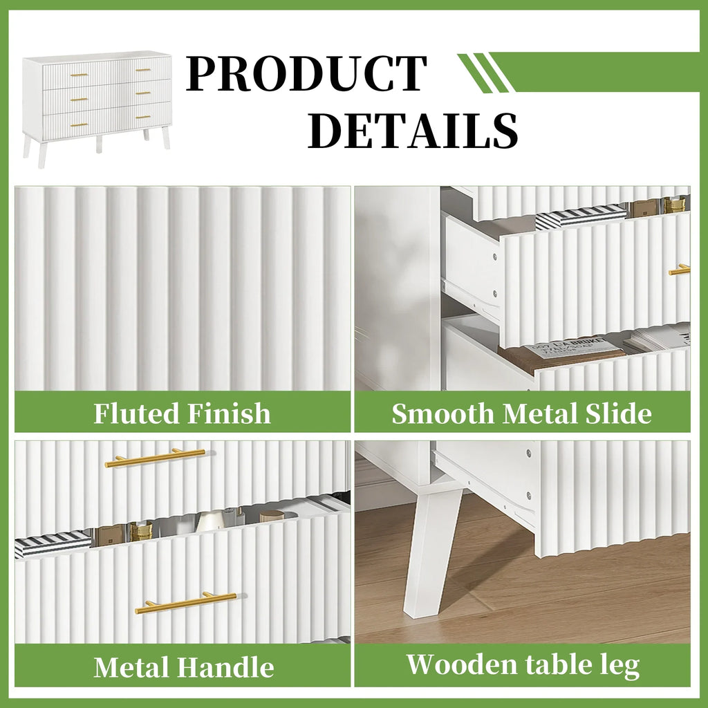 Nouveauté 2026 – Commode à 6 tiroirs Fluted , commode moderne large, commode double à 6 tiroirs