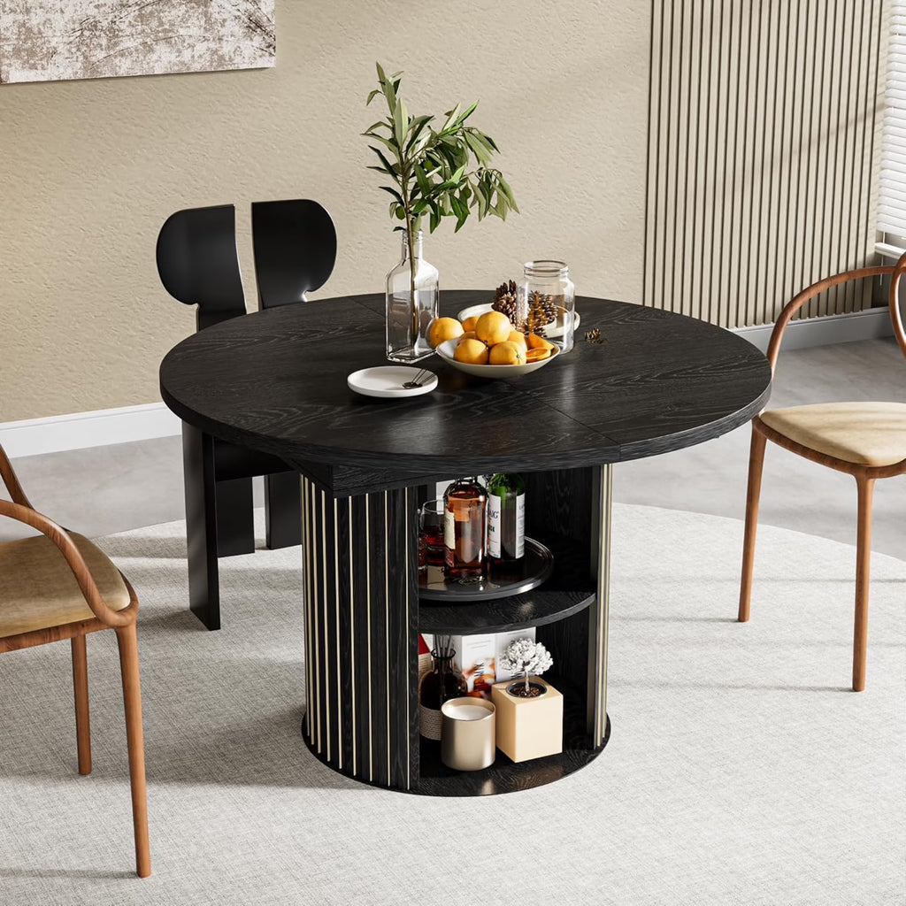 Nouveauté 2026 – Table de salle à manger extensible pour 4 à 6 personnes, table de cuisine ronde avec étagère de rangement, tables de salle à manger ovales pour salon (noyer