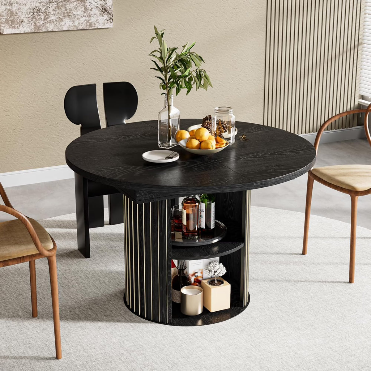 Nouveauté 2026 – Table de salle à manger extensible pour 4 à 6 personnes, table de cuisine ronde avec étagère de rangement, tables de salle à manger ovales pour salon (noyer