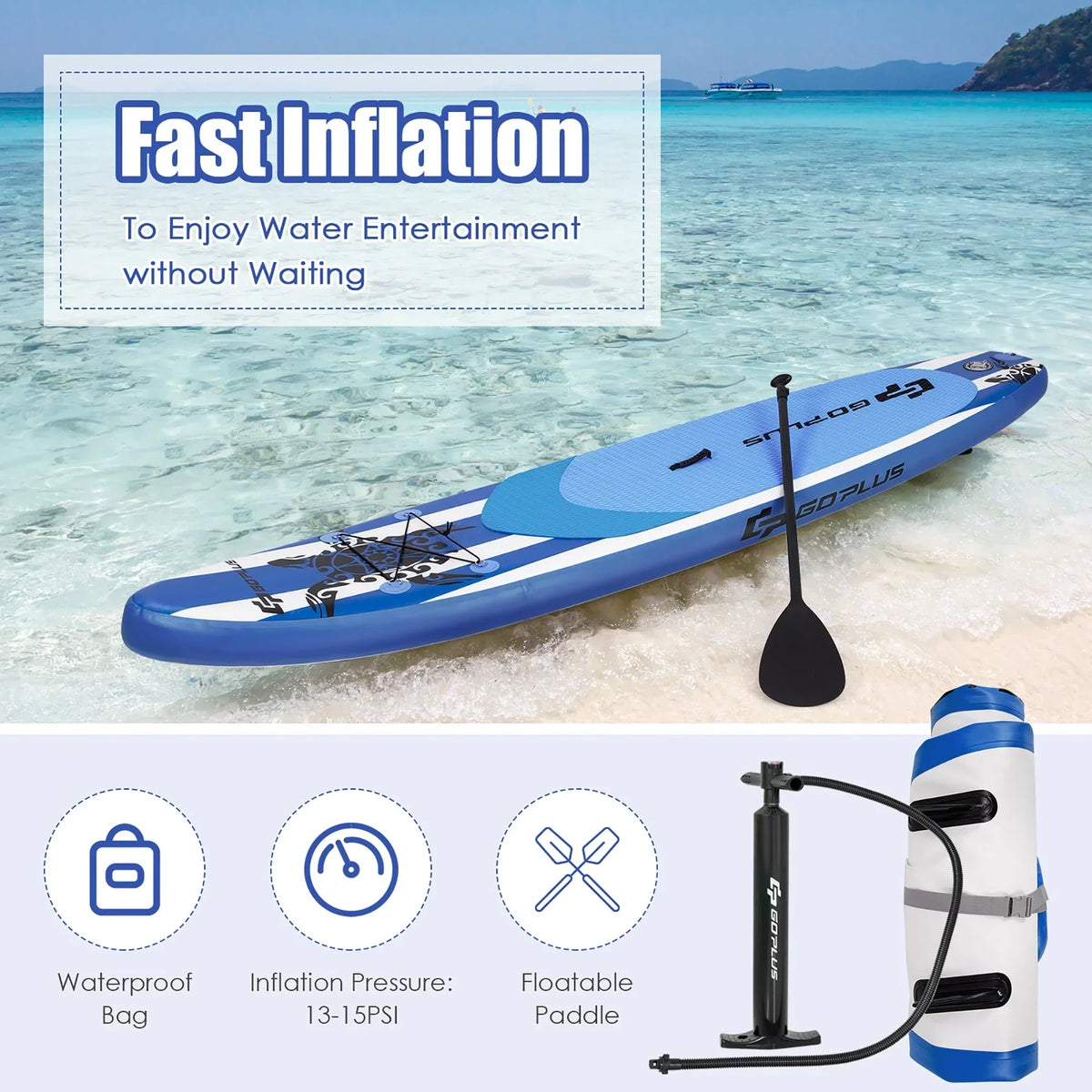 Nouveauté 2026 – Planche de paddle gonflable Goplus 11’ (3,35 m) avec sac de transport et pagaie en aluminium, bleu marine
