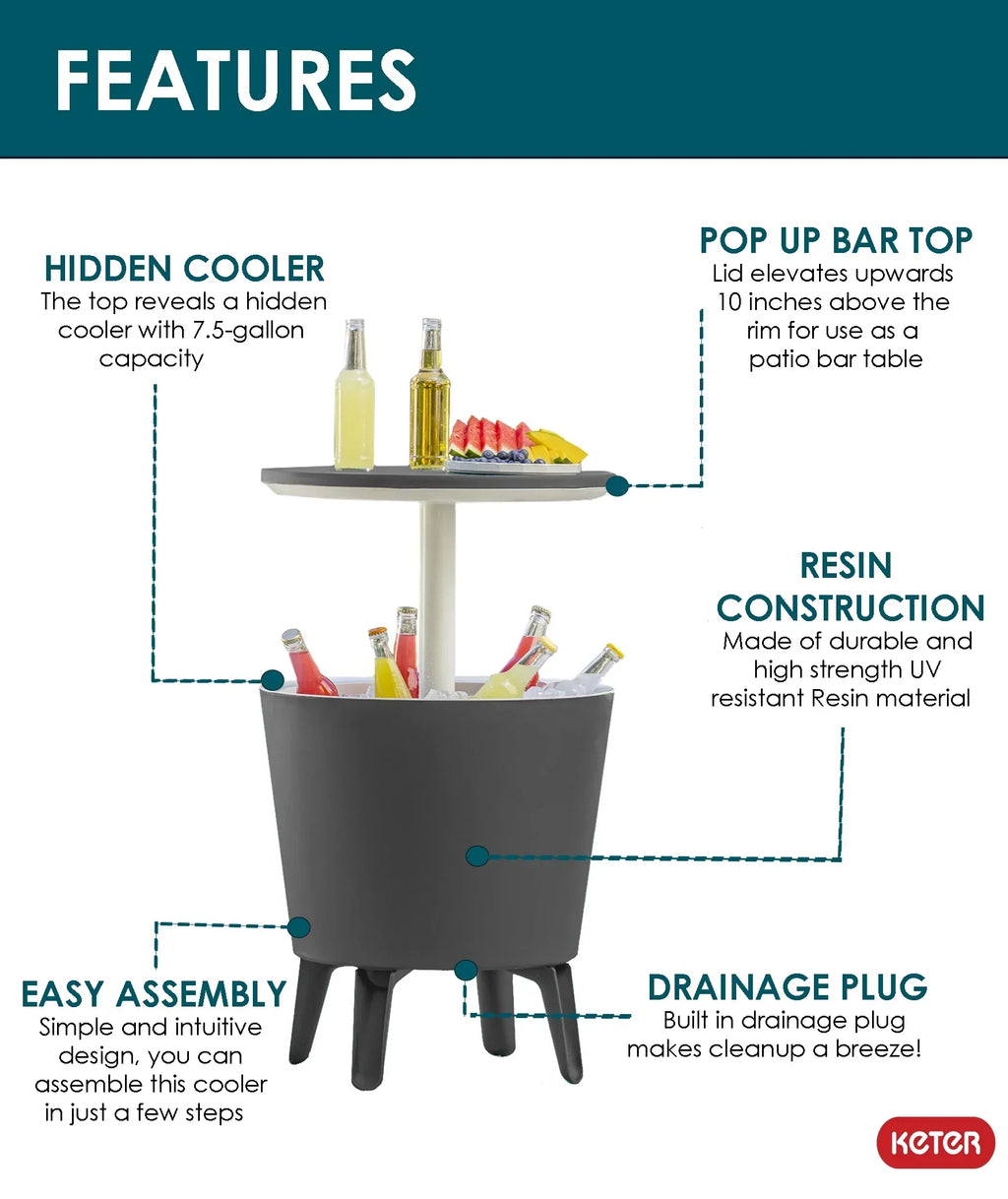Nouveauté 2026 – Table d'appoint et bar isotherme Keter Pacific Cool Bar 2 en 1 de 28 litres (7,5 gallons), résistante aux intempéries, en résine durable, aspect rotin marron