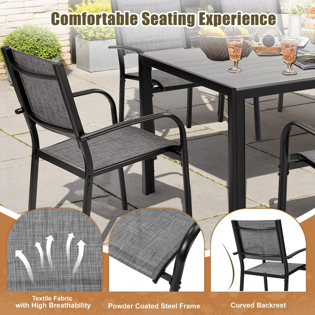 Nouveauté 2026 – Ensemble de salle à manger d'extérieur 7 pièces , comprenant une table et des chaises pour 6 personnes, un plateau en plastique imitation bois et un mobilier de jardin en textilène. Idéal pour terrasse ou patio