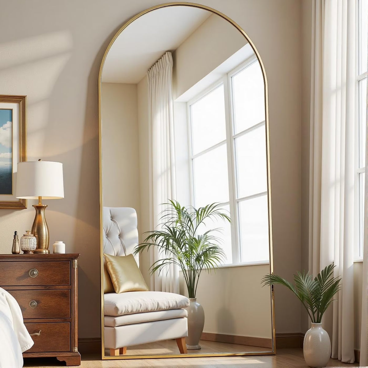 Nouveauté 2026 – Miroir sur pied Arched , grand miroir de corps 180 x 66 cm avec support, doré