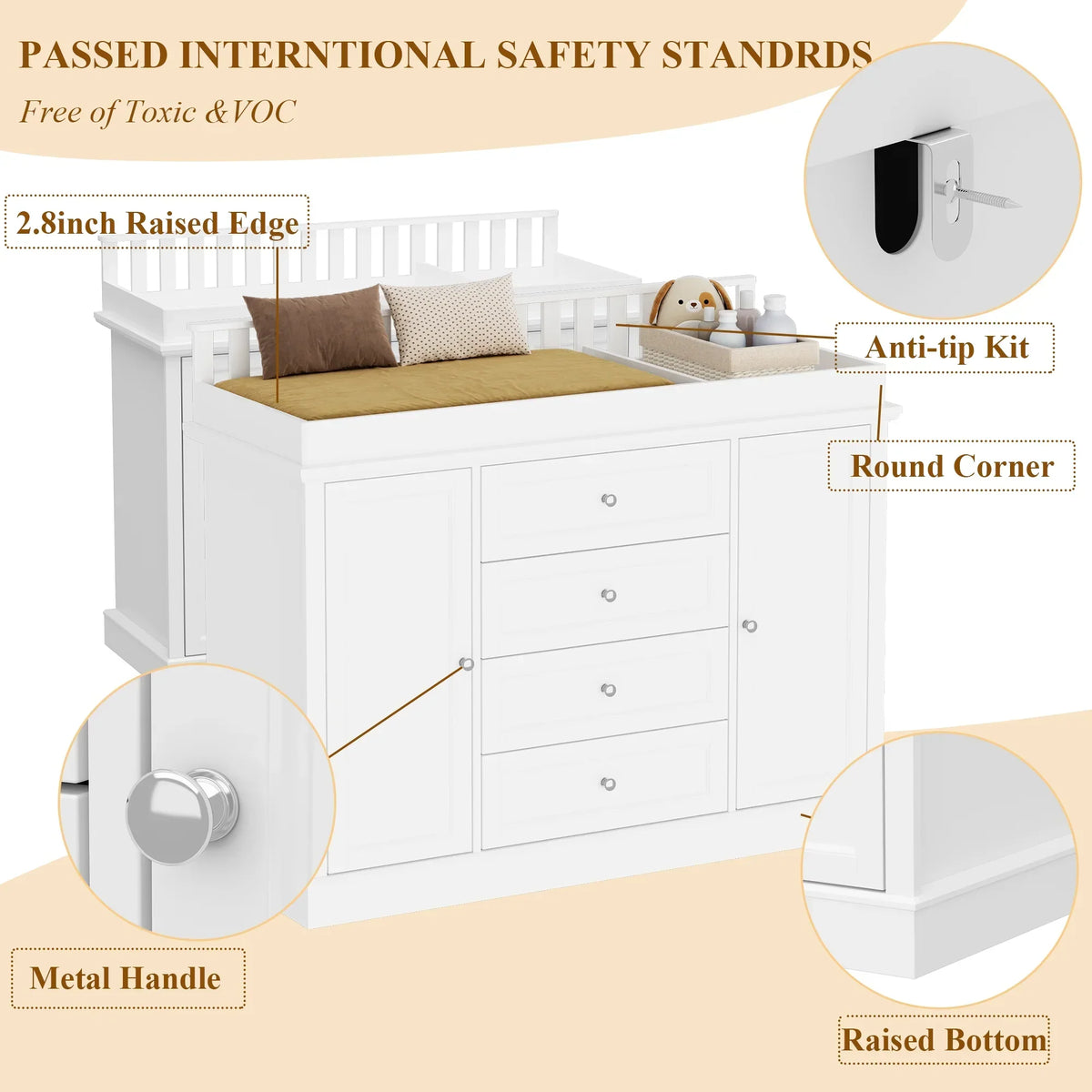 Nouveauté 2026 – Table à langer/commode pour chambre de bébé OXYLIFE , 114 cm (45 po), avec 4 tiroirs et une étagère, blanche