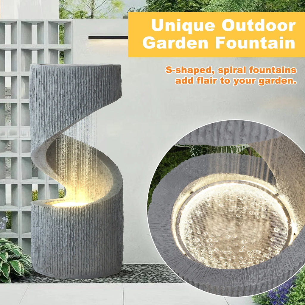 Nouveauté 2026 – Fontaine d'extérieur en forme de S Magic Union , fontaine d'intérieur à cascade en spirale avec lumières LED et pompe, fontaine incurvée en résine pour patio, cour, terrasse, porche et décoration intérieure