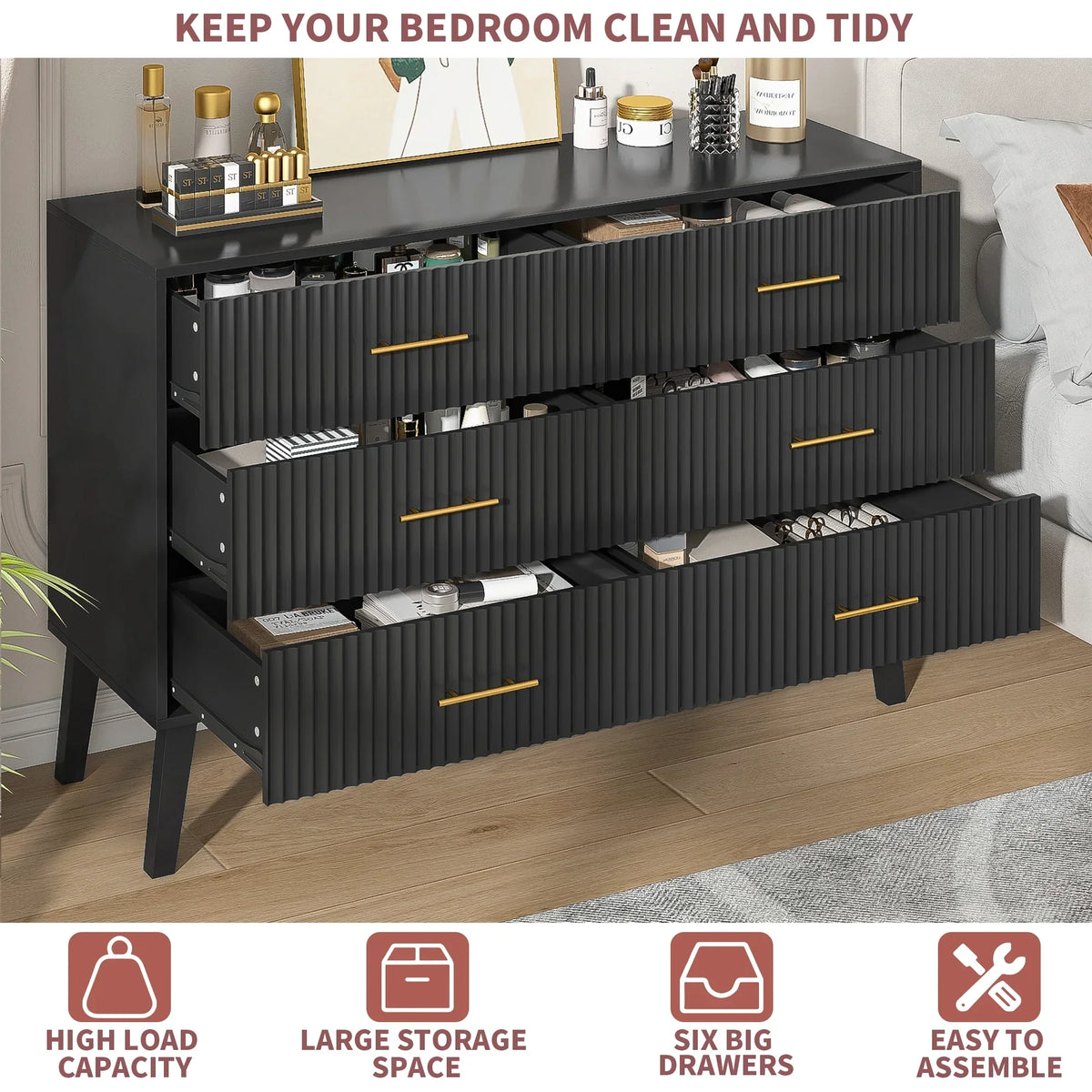 Nouveauté 2026 – Commode à 6 tiroirs Fluted , commode moderne large, commode double à 6 tiroirs
