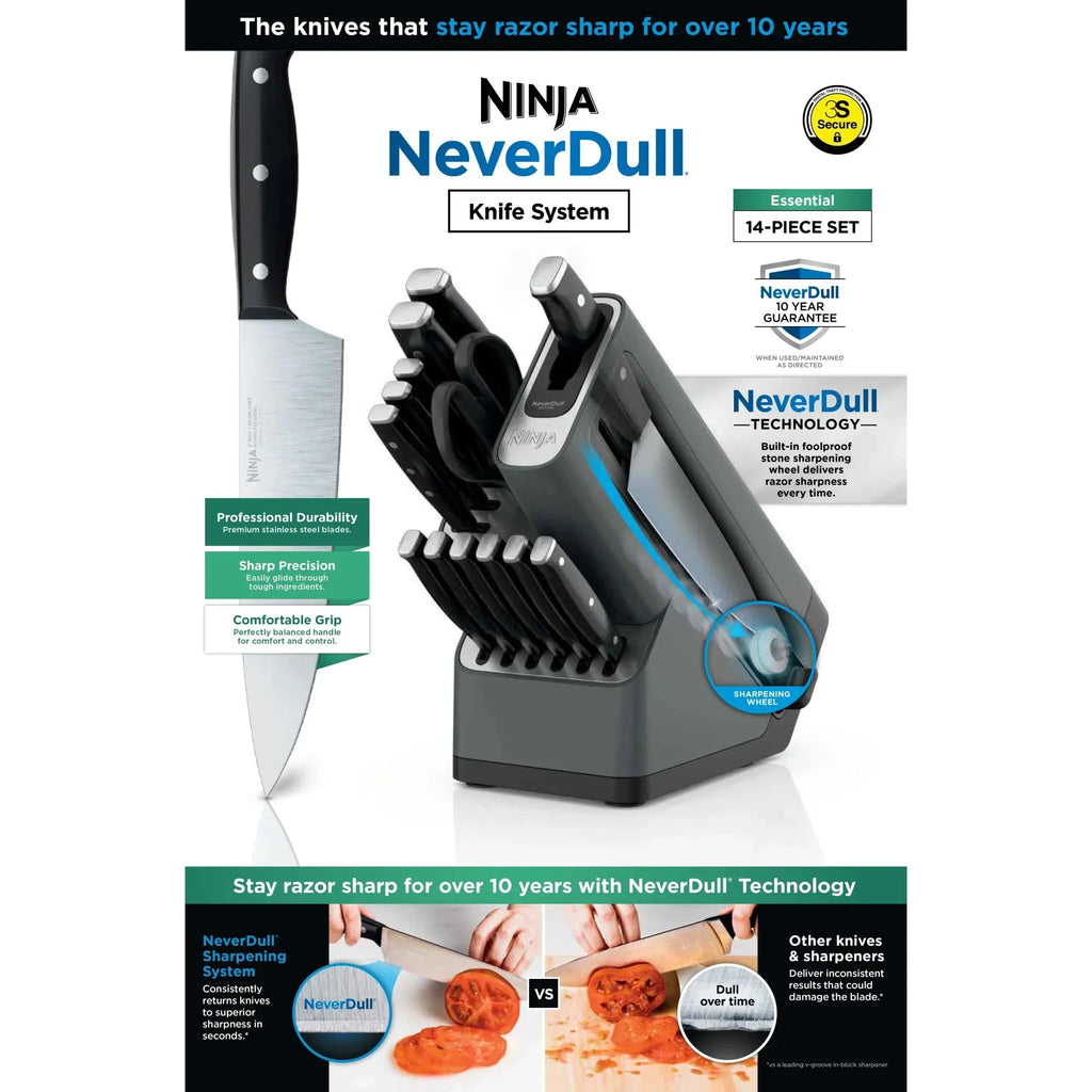 Nouveauté 2026 – Système de couteaux essentiels 14 pièces en acier inoxydable Ninja NeverDull avec affûteur intégré, K12014 Noir/Gris