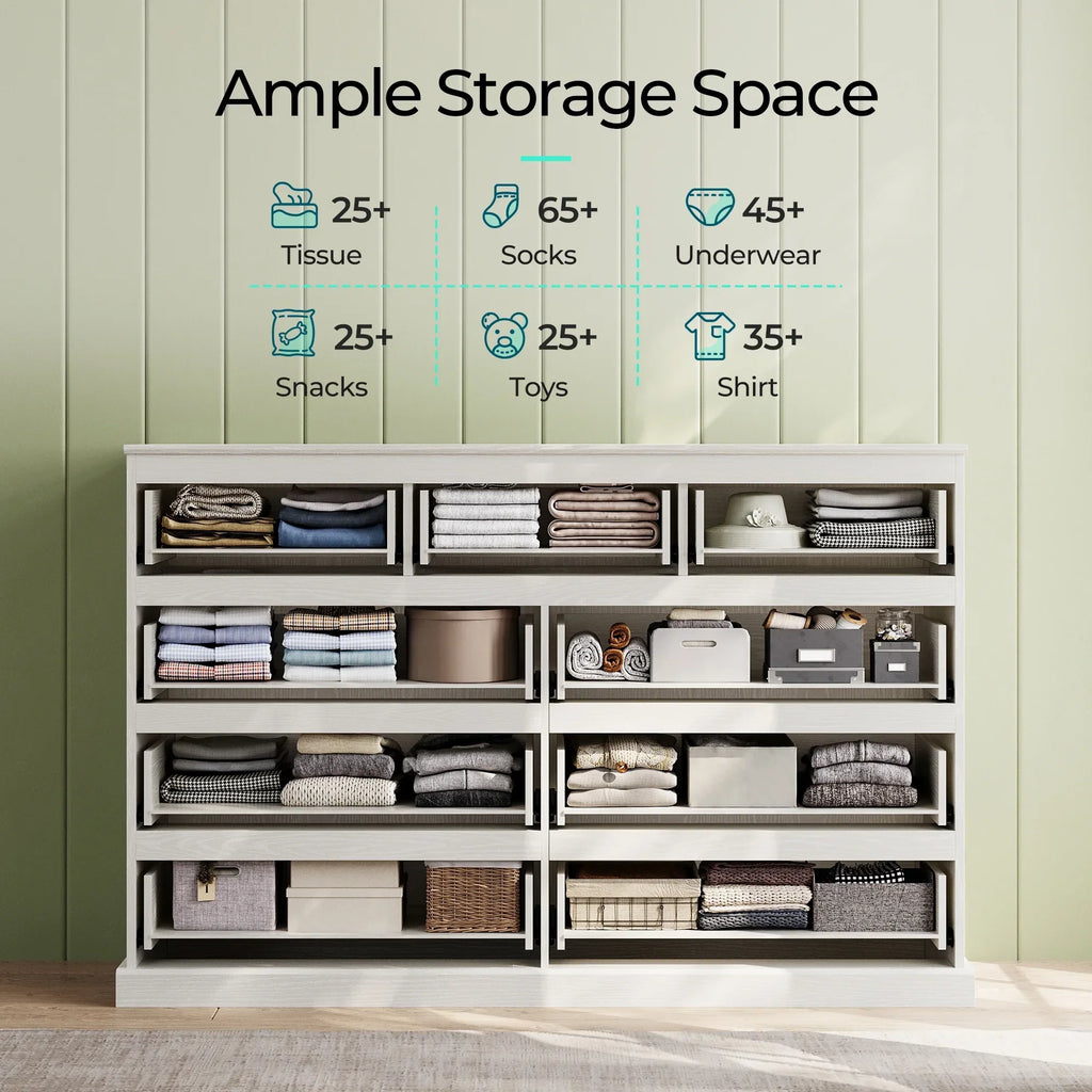 Nouveauté 2026 – Commode moderne en bois Linsy Home pour chambre à coucher, large commode à 9 tiroirs, blanche