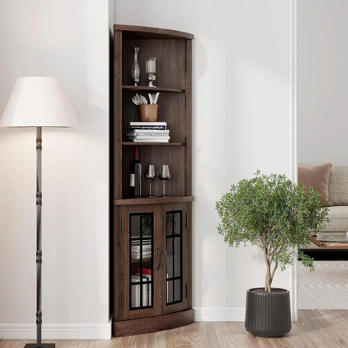 Nouveauté 2026 – Meuble d'angle incurvé Merluxy , bibliothèque en bois de 165 cm avec 3 étagères, blanc vieilli