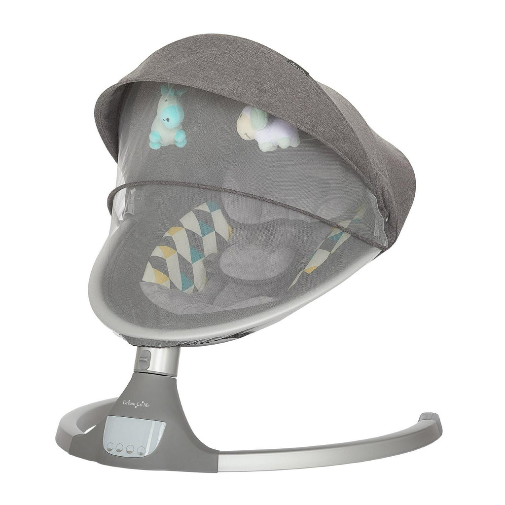 Nouveauté 2026 – Balancelle pour bébé Dream On Me Zazu . Balancelle pour nourrisson. 5 vitesses de balancement. Deux jouets intégrés. Connectivité Bluetooth et télécommande. Gris et bleu