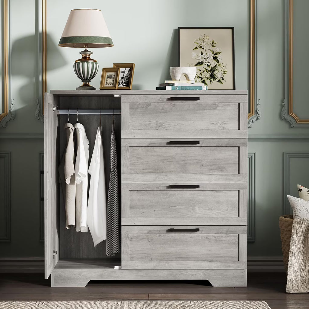 Nouveauté 2026 – Armoire-penderie en bois Ataucjin avec 4 tiroirs et une porte, hauteur 110 cm (43,3 po), avec tringle, rangement pour vêtements, commode à 4 tiroirs avec placard de rangement