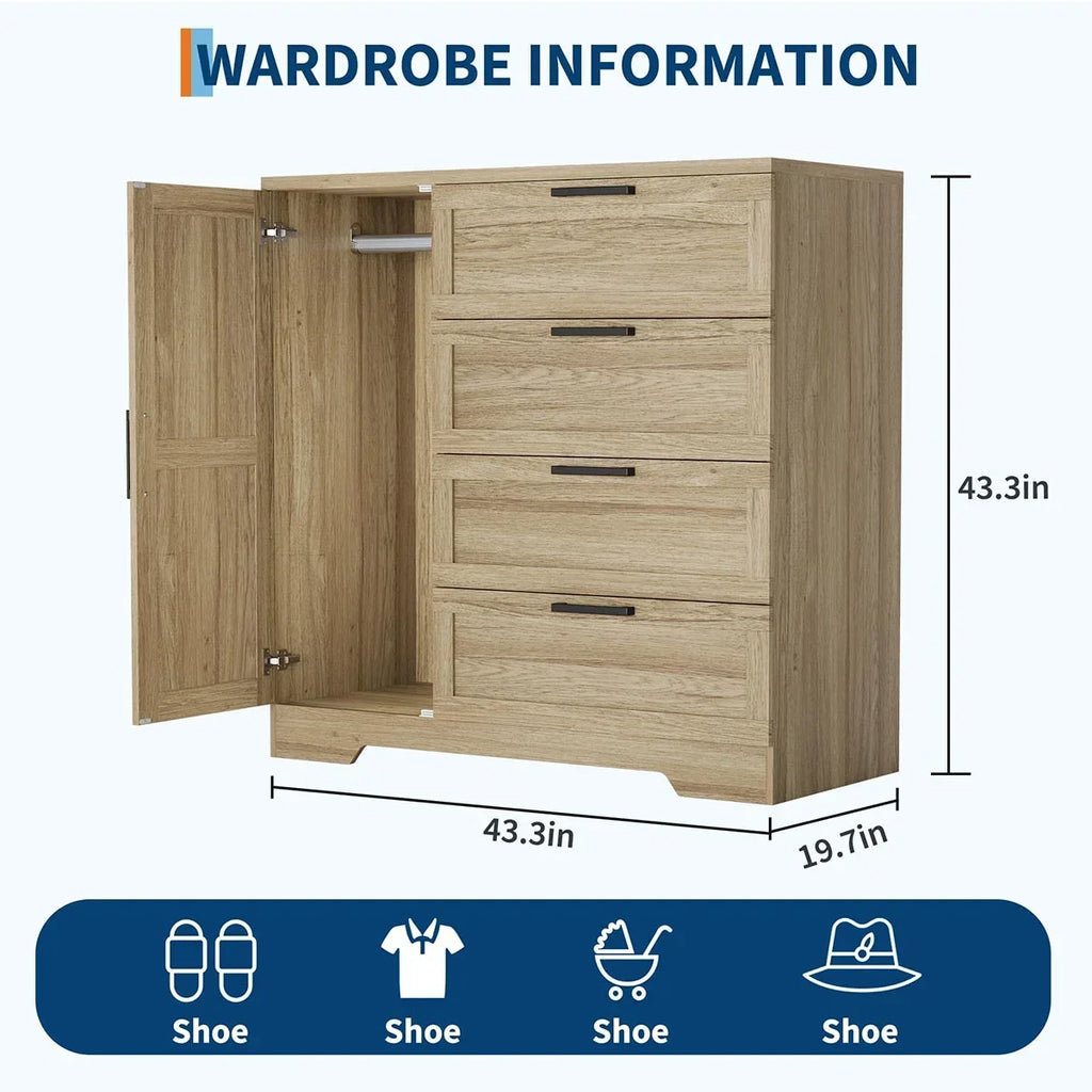 Nouveauté 2026 – Armoire-penderie en bois Ataucjin avec 4 tiroirs et une porte, hauteur 110 cm (43,3 po), avec tringle, rangement pour vêtements, commode à 4 tiroirs avec placard de rangement